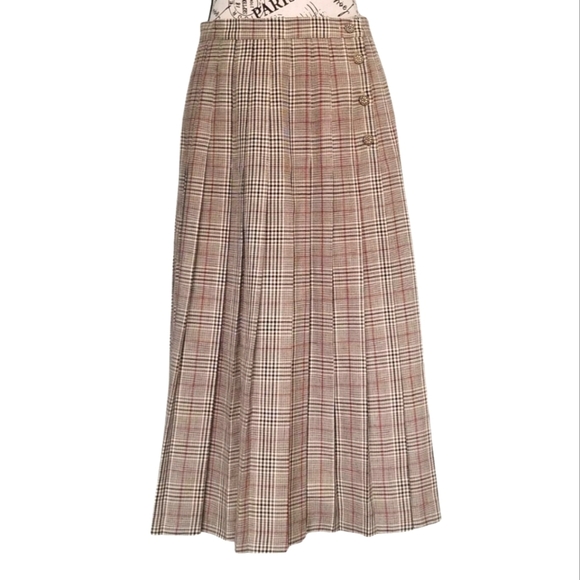 🇨🇦 Vintage 90s Pleated Plaid Tartan Beige midi skirt - Picture 1 of 6